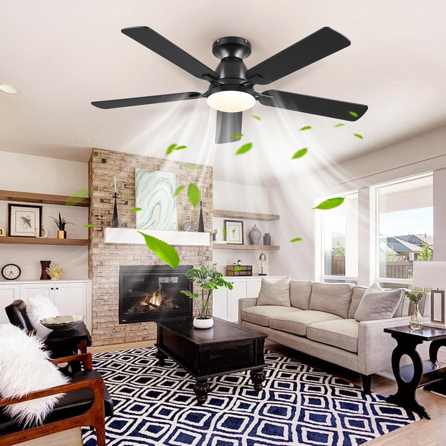 Ceiling Fans with Lights- 52&quot; Low Profile Indoor Ceiling Fan with Light and Remote/App Control, Flush Mount, LED Dimmable DC Reversible Modern Ceiling Fan for Bedroom（Black）