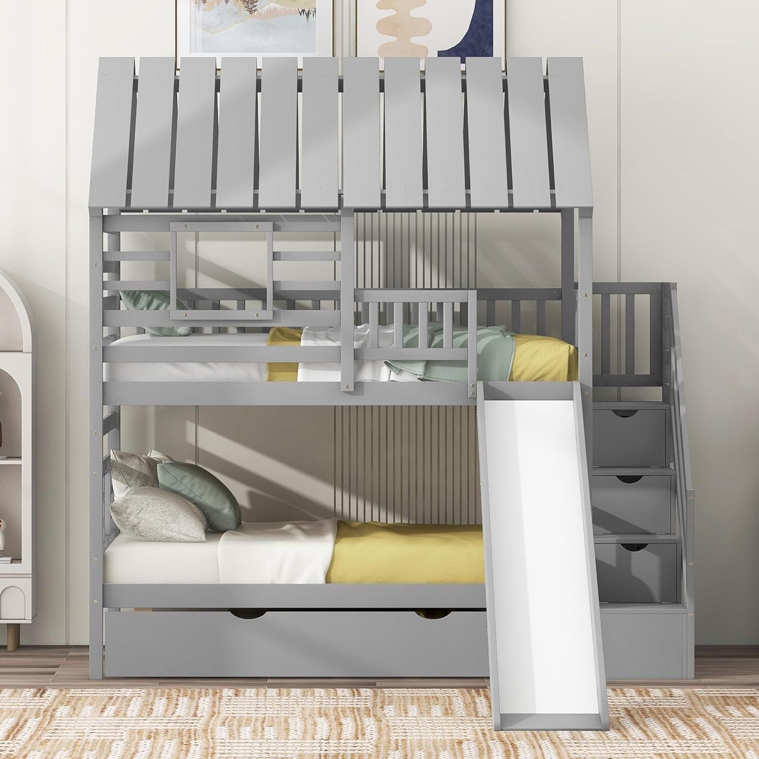 Kids Twin over Twin Bunk Beds with Slide and Trundle, Solid Wood Bunk Bed Frame with Stairs and Storage, Playhouse Bunk Bed with Roof and Window for Kids, Teens, Girls &amp; Boys (Gray)