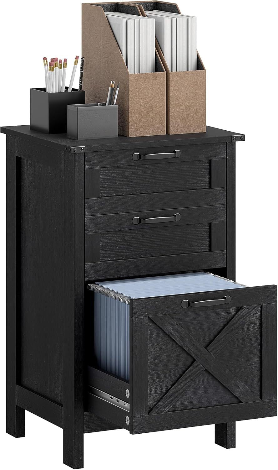 3 Drawer File Cabinet with Silent Slides, Vertical Filing Cabinet for Hanging A4/Letter Size, Rustic Farmhouse Printer Stand with Storage for Home Office, Distressed Black