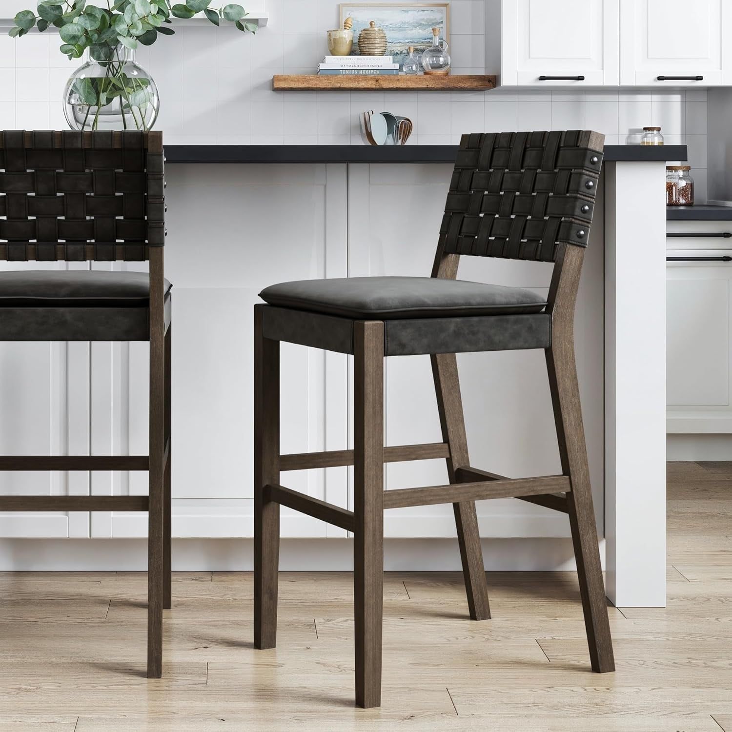 Cohen Mid-Century Modern 29 In. Wood Bar Stool, Upholstered Faux Leather Bar Height Stool with Solid Wood Frame, Black