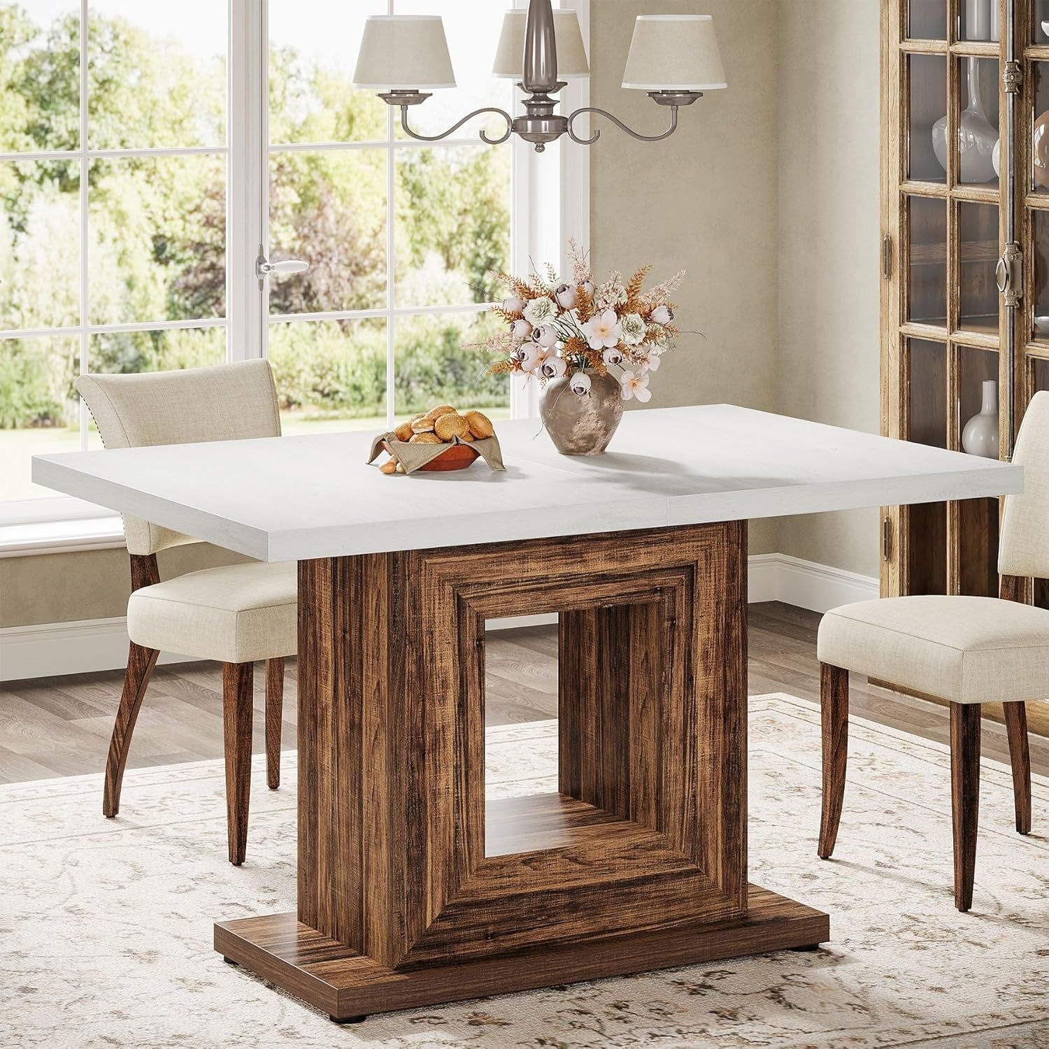 47-Inch Farmhouse Dining Table for 4, White Kitchen Dinner Table with Heavy Duty Pedestal, Rustic Wooden Eating Table for Home, Dining Room, Small Space, White &amp; Brown