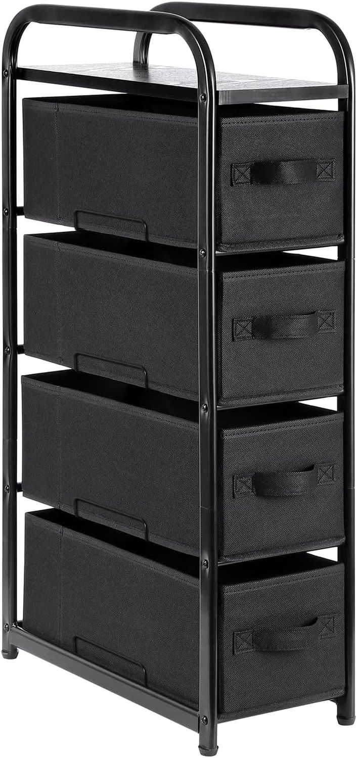 4 Drawer Narrow Dresser Fabric Storage Tower Vertical Slim Storage Chest Organizer Nightstand Side/End Table Small Standing Organizer Removable Drawers Wood Top for Bedroom, Bathroom（Black)
