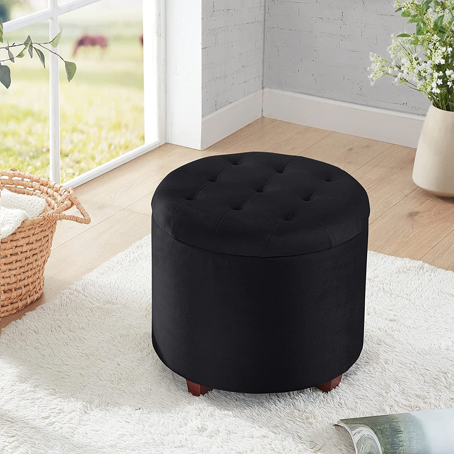 Black Velvet Tufted Storage Ottoman for Home