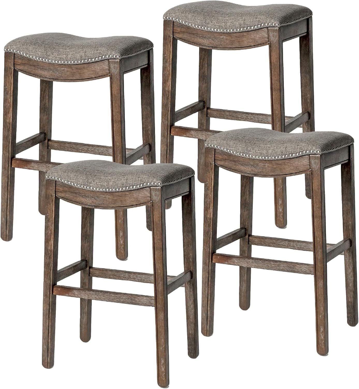 Adrien 31 Inch Bar Height Upholstered Backless Saddle Barstool in Dark Walnut Finish with Ash Grey Fabric Cushion Seat, Set of 4