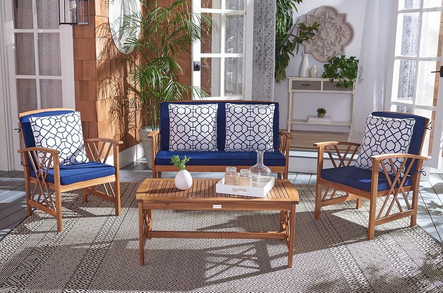 Outdoor Collection Fontana Natural/ Navy Blue Cushions/ Geometric Pattern Pillows 4-Piece Conversation Patio Set