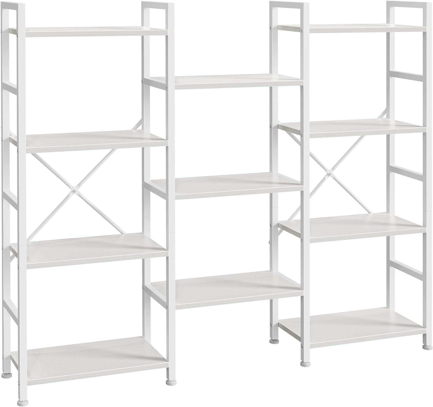 Triple 4 Tier Bookshelf, Bookcase with 11 Open Display Shelves, Wide Book Shelf Book Case for Home &amp; Office, White