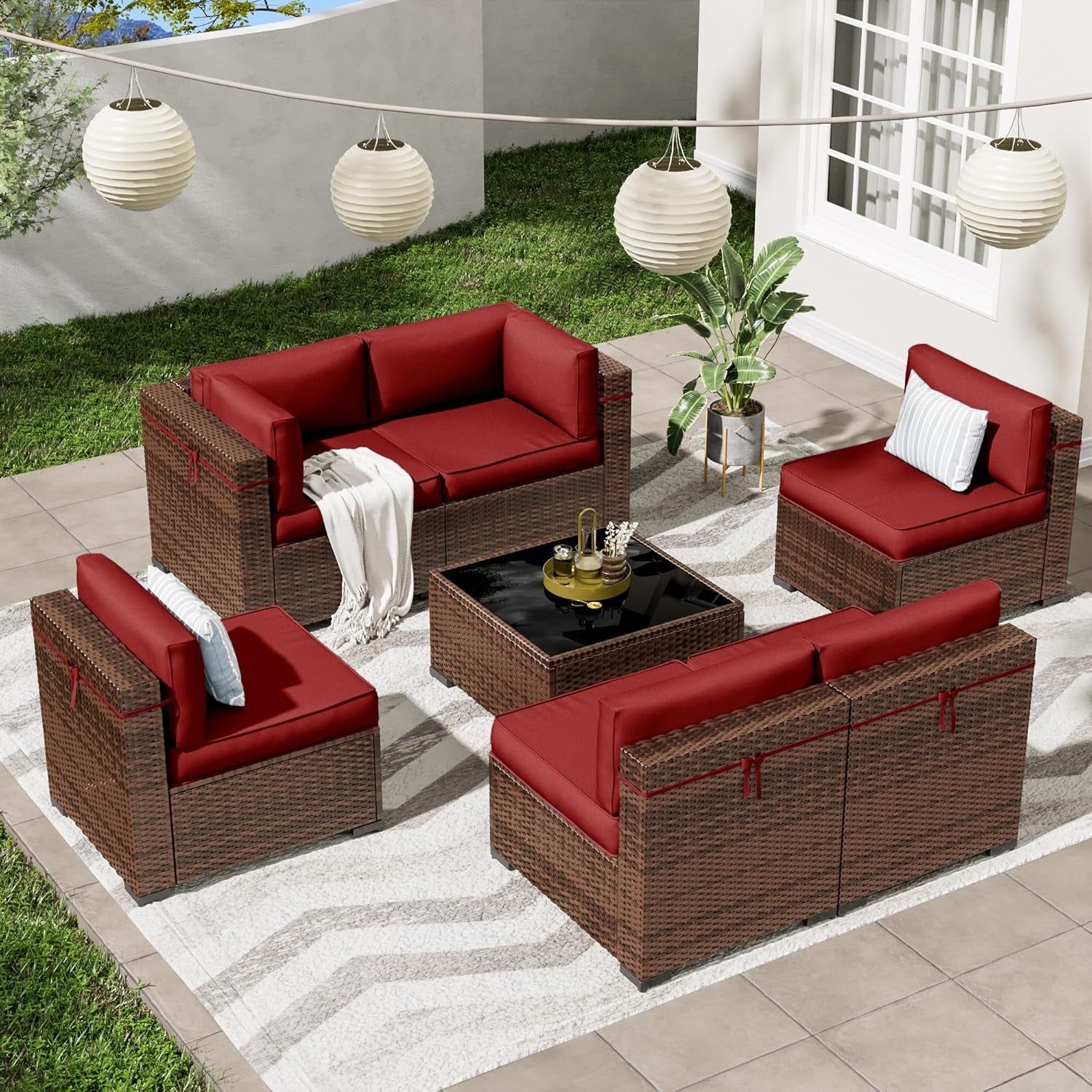 Patio Furniture Set, Modular 7-Piece Patio Conversation Sets with Coffee Table, All-Weather Wicker Outdoor Sectional for Backyard and Balcony, Wine (Waterproof Covers Included)