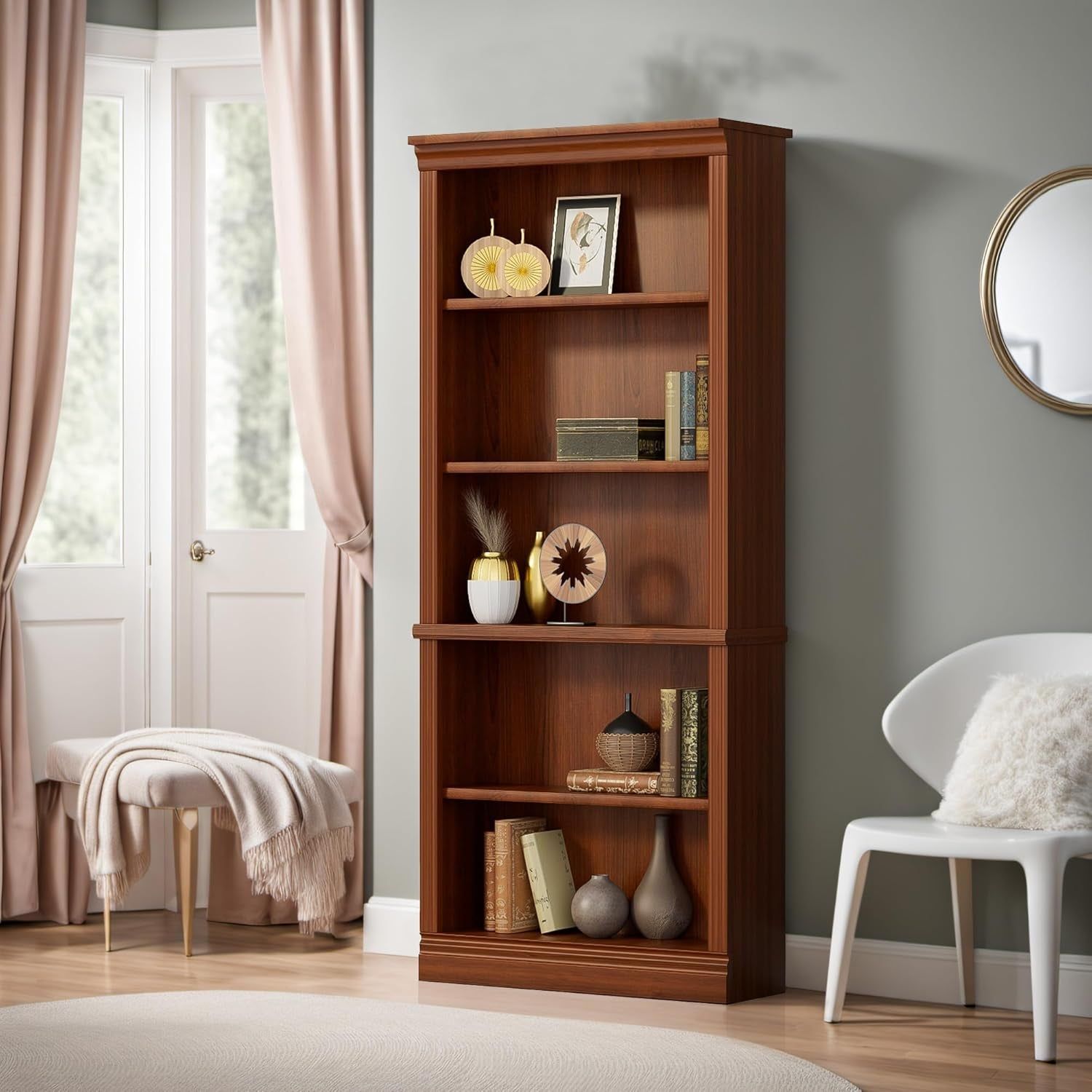 Bookcase Bookshelves, 5-Shelf Tall Bookcase 72&quot; Wood Open Display Floor Bookshelf, Large Storage Organizer for Library, Bedroom, Living Room (Cherry)