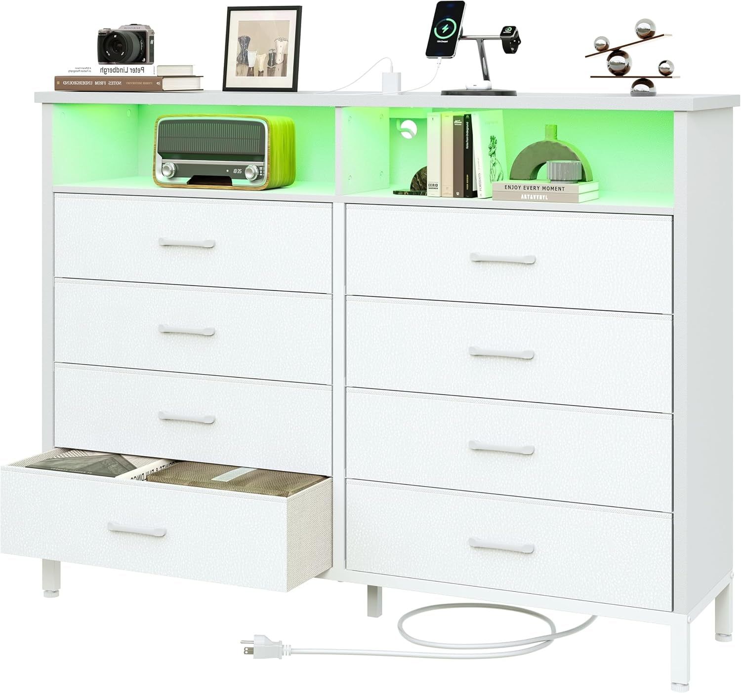 Dresser for Bedroom White Bedroom Dresser with LED Lights and Charging Station, 8 Long Fabric Drawers Dresser, Tall Wide Chest of Drawers Storage Organizer TV Stand for up to 60&quot; TV for Living Room