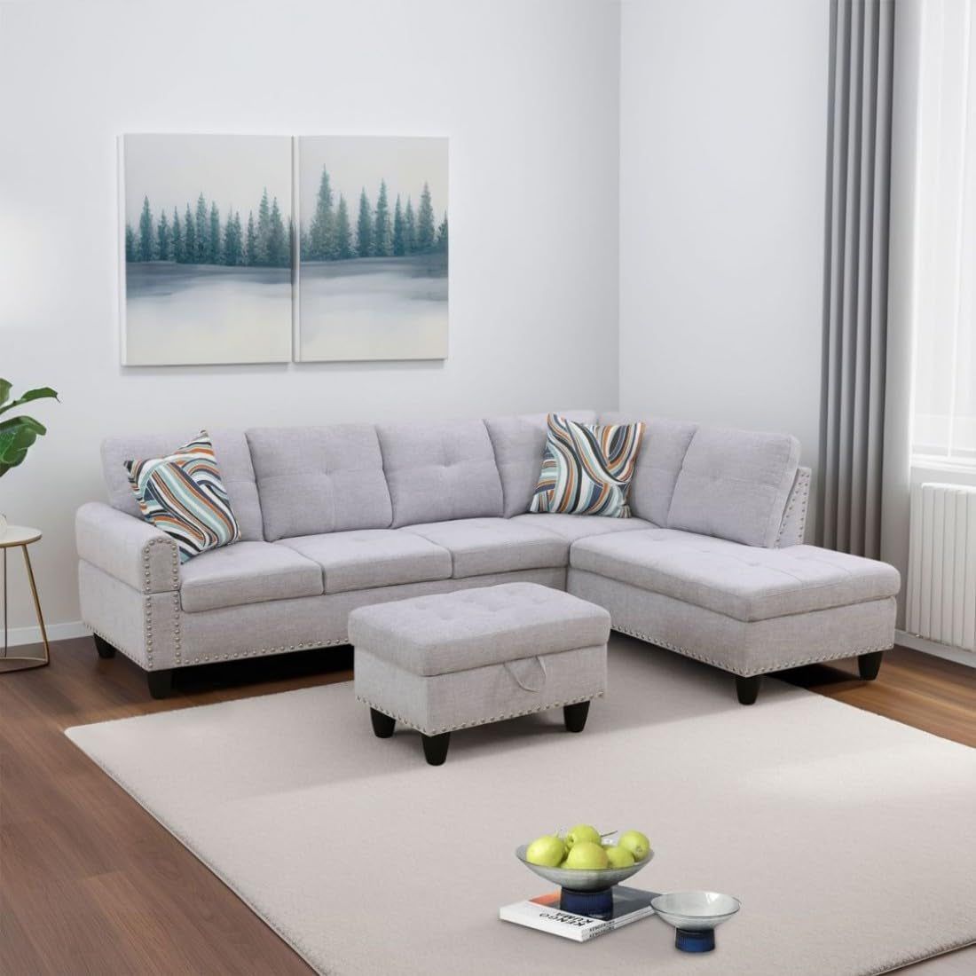 Grey White Flannel L-Shaped Sectional Sofa Ottoman