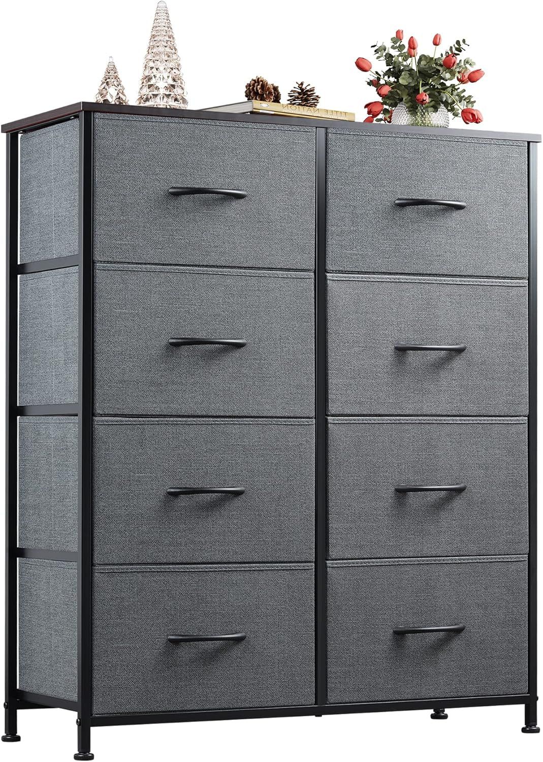 Fabric Dresser for Bedroom, Tall Dresser with 8 Drawers, Storage Tower with Fabric Bins, Double Dresser, Chest of Drawers for Closet, Living Room, Hallway, Dark Gray