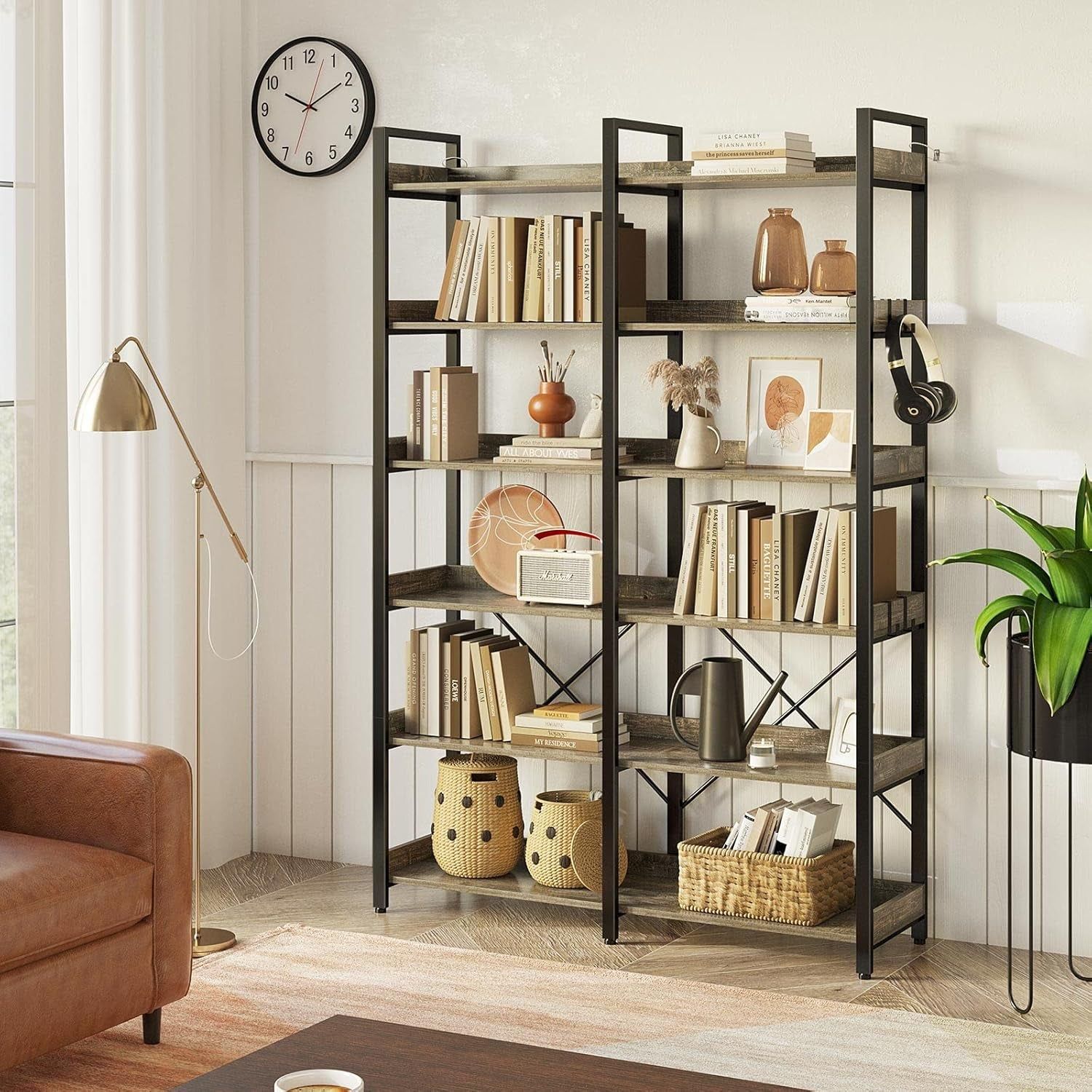 67&quot; Wide Gray Industrial 6-Shelf Bookcase Hooks