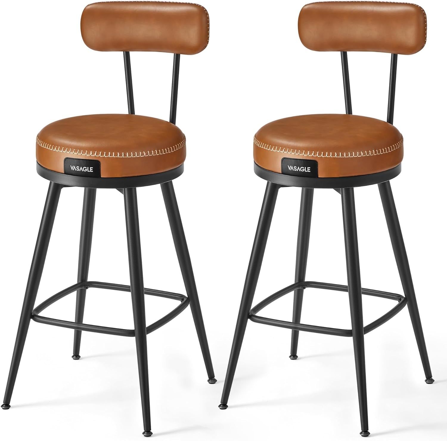 EKHO Collection - Bar Stools Set of 2, Counter Height Swivel Bar Stools with Back, Synthetic Leather with Stitching, Mid-Century Modern, 25.6-Inch Tall Barstools for Kitchen Bar, Caramel Brown