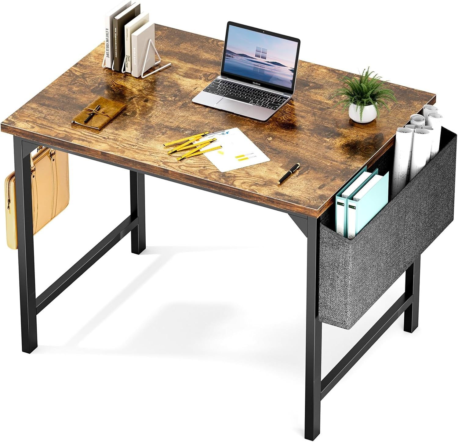 Computer Small Office Desk 32 Inch Student Kids Study Writing Work with Headphone Hooks &amp; Storage Bag Modern Simple PC Home Bedroom Table - Rustic Brown