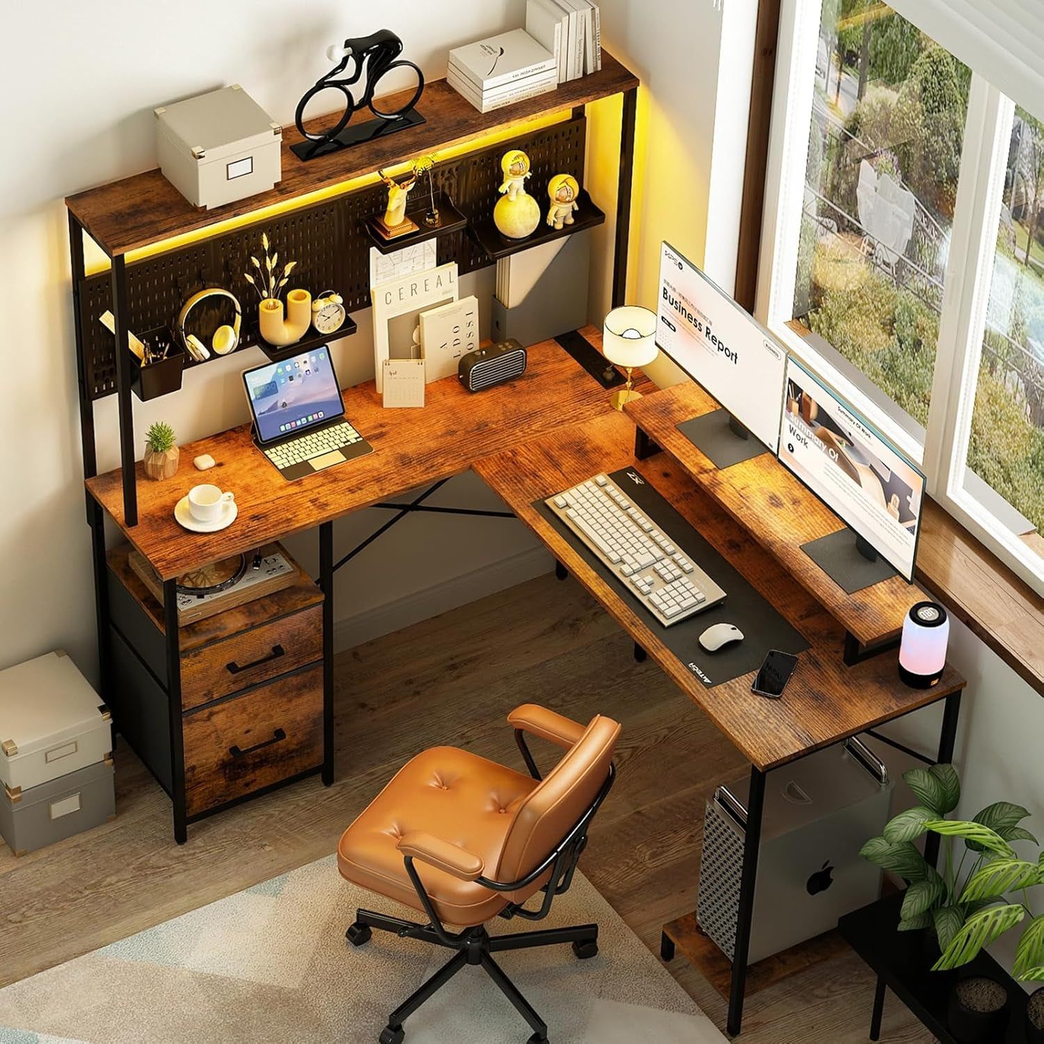 L Shaped Desk with Pegboard, Reversible Computer Desk with Drawers &amp; Storage Shelves, Gaming Desk with LED Lights &amp; Power Outlets, Office Desk with Monitor Stand Corner Desk Home Office Desks