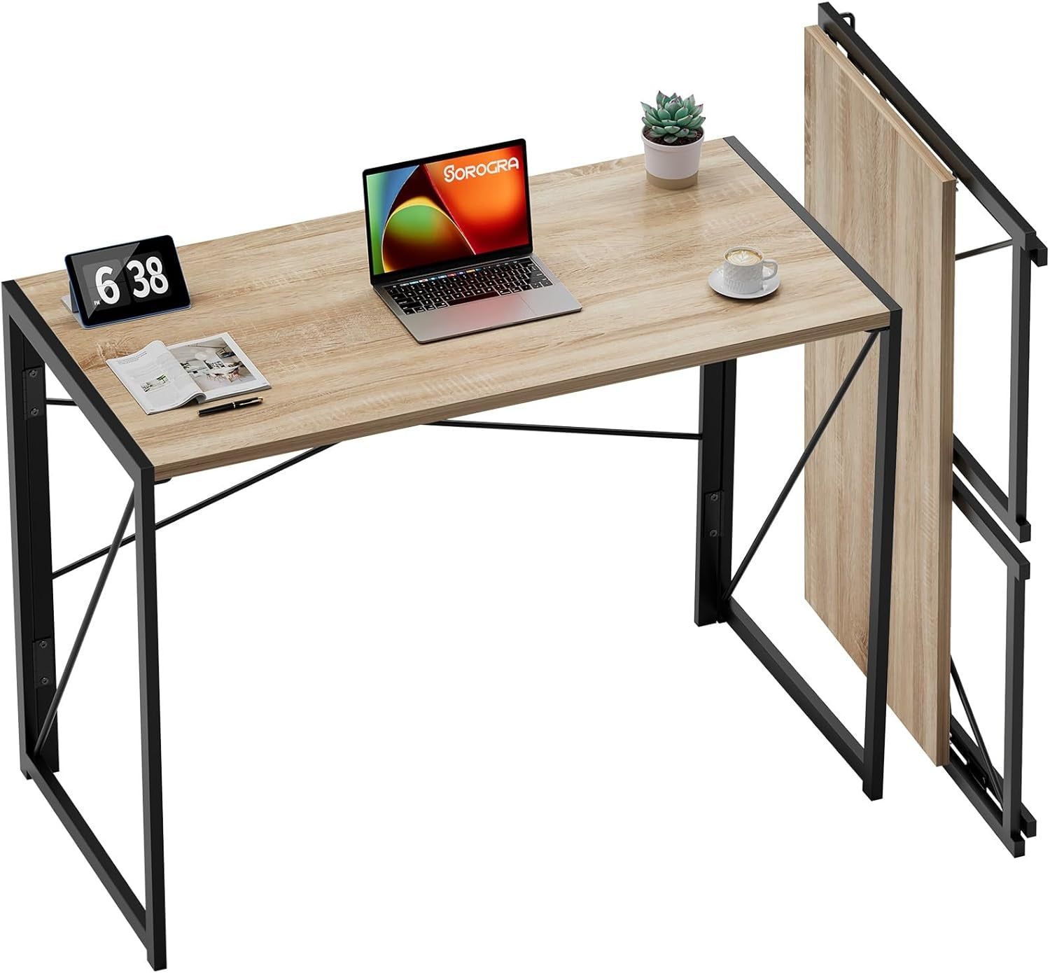 Small Folding Desk 39.4 Inch Foldable Computer Desks, Spaces Saving Writing Table for Bedroom, Home Office, Dorm, Apartment, Kids, Beech