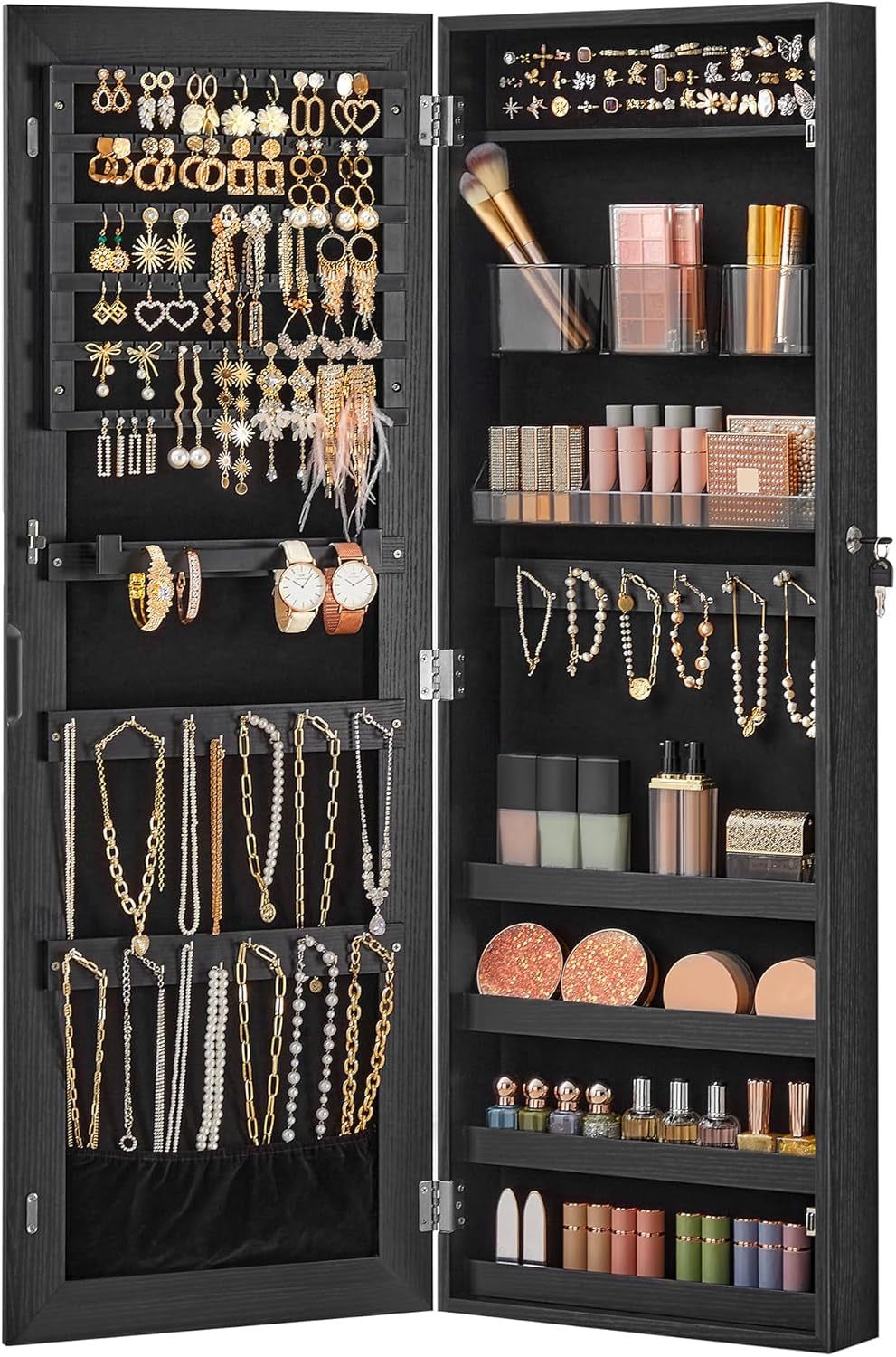 Mirror Jewelry Cabinet Armoire, Wall or Door Mounted Jewelry Storage, Hanging Lockable Frameless with 2 Plastic Cosmetic Organizers, Gift Idea, Black UJJC001B01