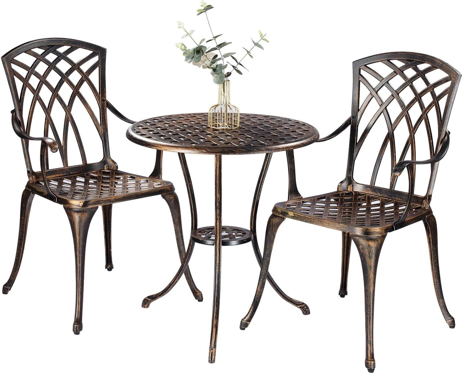 Bistro Set 3 Piece Rustproof Cast Aluminum Patio Furniture Sets round Table with Umbrella Hole for Outdoor, Patio, Balcony, Bronze