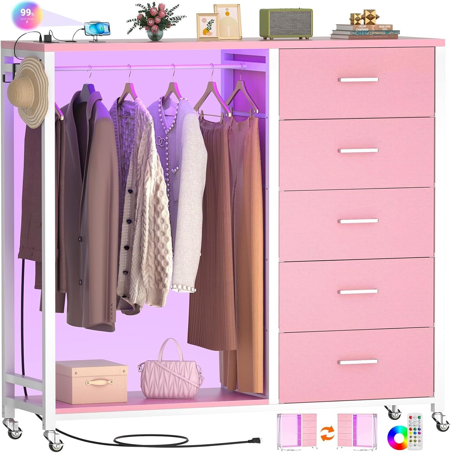 Dresser for Bedroom with Clothes Rack, 5 Drawers Dresser with Charging Station &amp; LED Lights, Pink Storage Chest of Drawers with Wheels, Wooden Top, Lockable Wheels, Bedroom, Closet, Pink