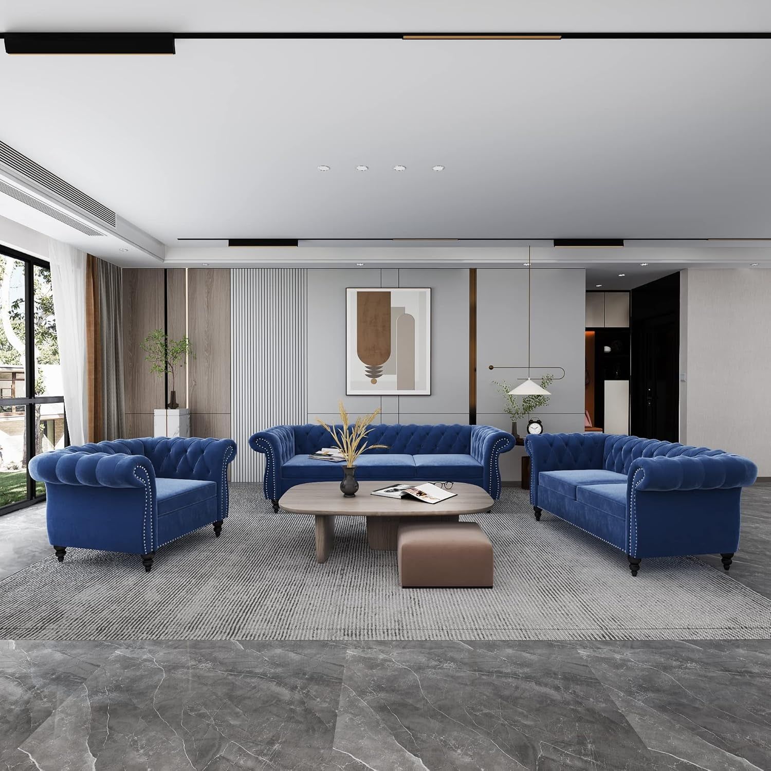 3 Pieces of Living Room Furniture Sofa Sets, Modern Velvet Chesterfield Sofa&amp;Chesterfield Club Chair&amp;Chesterfield Loveseat Sofas Set with Nailhead Trim Scroll Arms for Living Room(Blue)