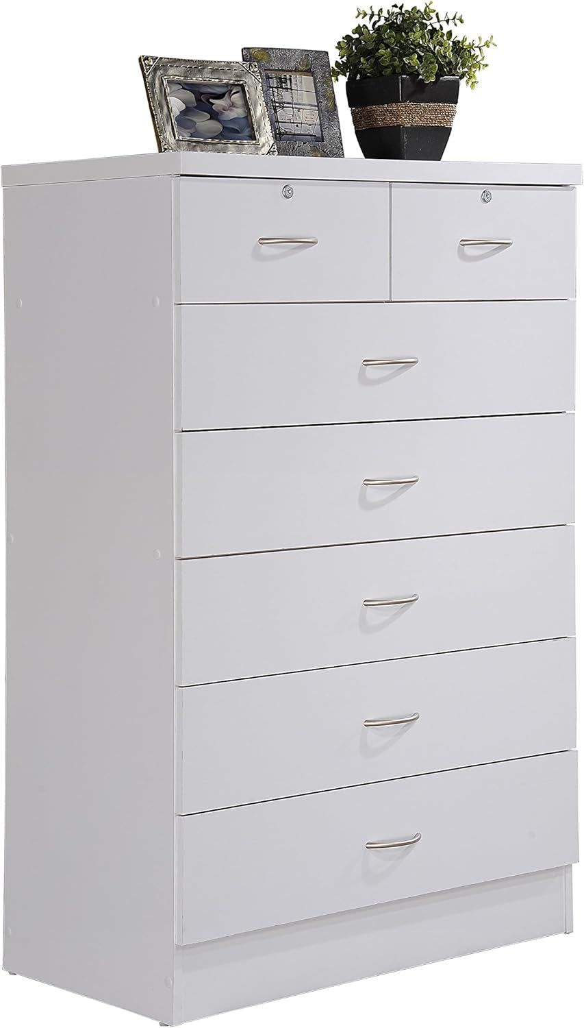 7 Drawer Wood Dresser for Bedroom, 31.5 Inch Wide Chest of Drawers, with 2 Locks on the Top Drawers, Storage Organization Unit for Clothing, White