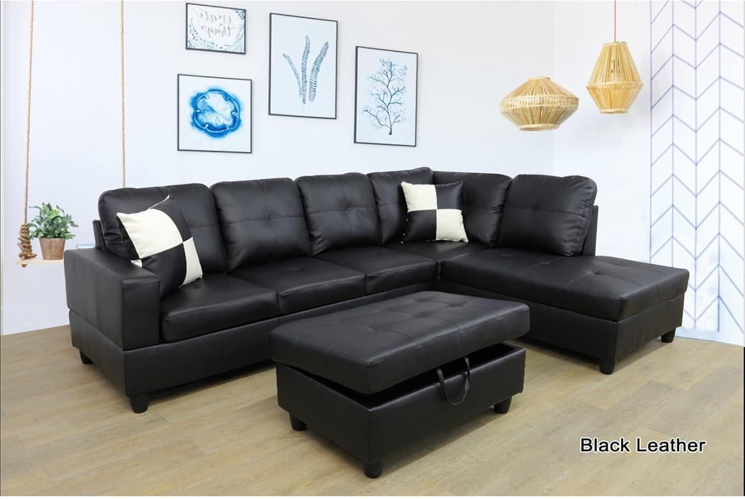 Sectional Sofa Faux Leather Modern L Shaped Couch Set 103.5”Wide Including Chaise and 3 Seating Sofa with Storage Ottoman for Living Room Furniture (Right Hand Facing, B-Black)