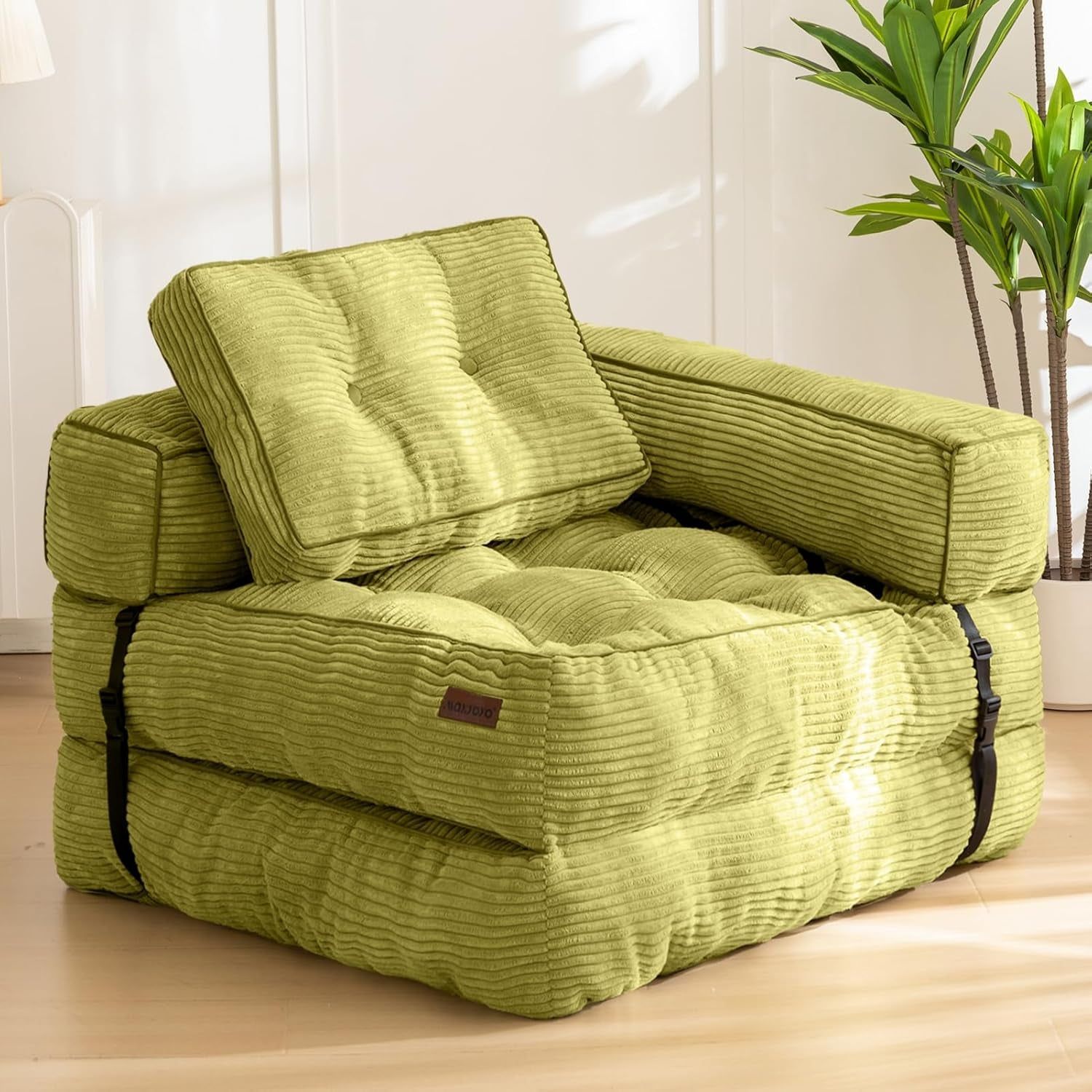 Folding Sofa Bed, L-Shaped Convertible Sofa Bed with Armrest Foldable Sleeper Sofa with Pillow, Portable Fold Out Chair Bed Comfy Floor Sofa Lounge for Living Room Bedroom, Green