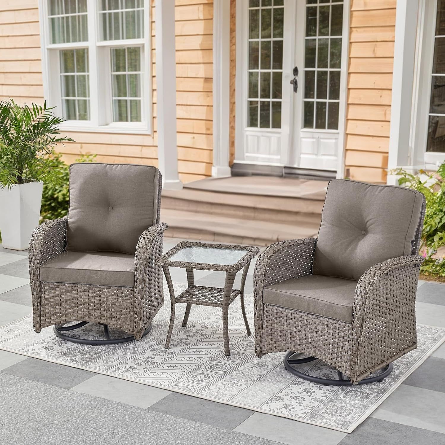 Swivel Patio Chairs Wicker Set - Outdoor Swivel Rocker Chair with Side Table, 3 Piece Patio Glider Chairs Furniture Set with Water-Resistant Cushions for Deck Porch Sunroom Gray