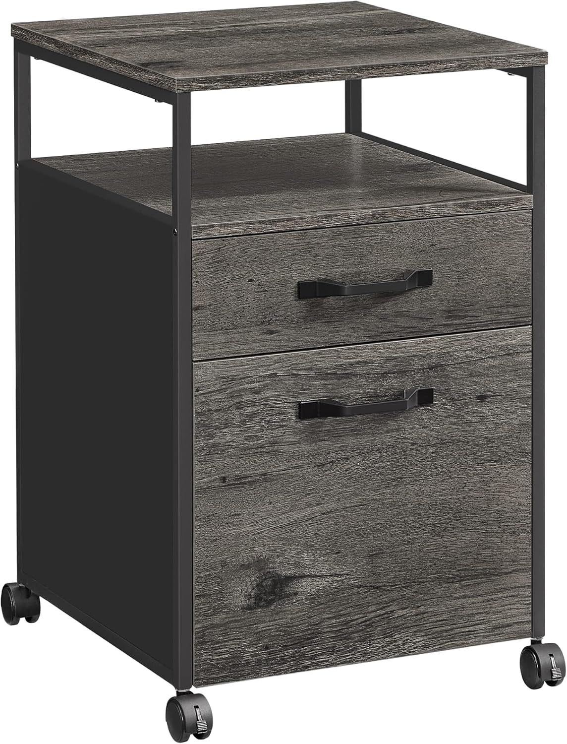 File Cabinet, Mobile Filing Cabinet with Wheels, 2 Drawers, Open Shelf, for A4, Letter Size, Hanging File Folders, Charcoal Gray and Ink Black UOFC071B04