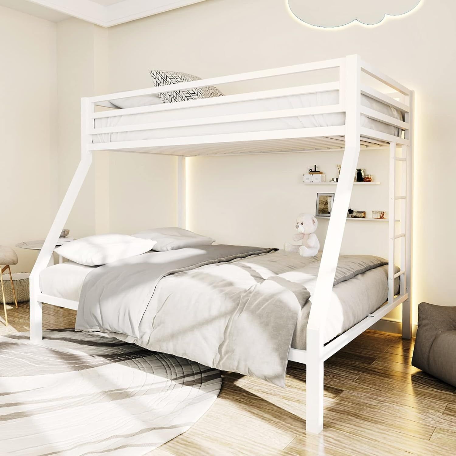 Metal Loft Bunk Bed Twin over Full Size with Safety Guardrail and Ladder, No Box Spring Needed Space Saving Bedroom Furniture, Cream White