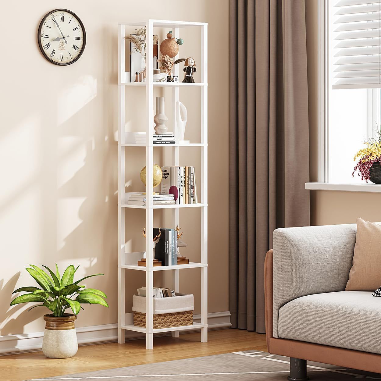 6 Tier Bookshelf with Anti-Fall Baffle, Tall 64.79&quot; Bookcase with DIY Shelves, Industrial Book Shelf Storage Organizer, Display Free Standing Shelf Unit for Bedroom, Living Room, Office, White