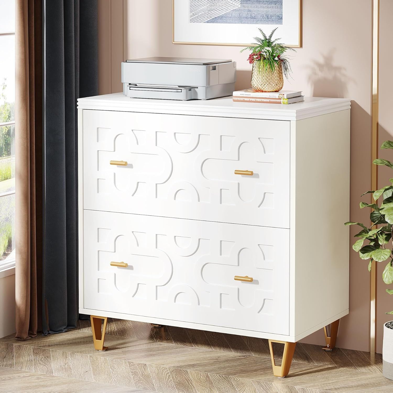 2-Drawer Lateral File Cabinet, Modern White Filing Cabinet for Legal/Letter/A4 Size, Large Storage Filing Cabinet Printer Stand for Home Office, White and Gold