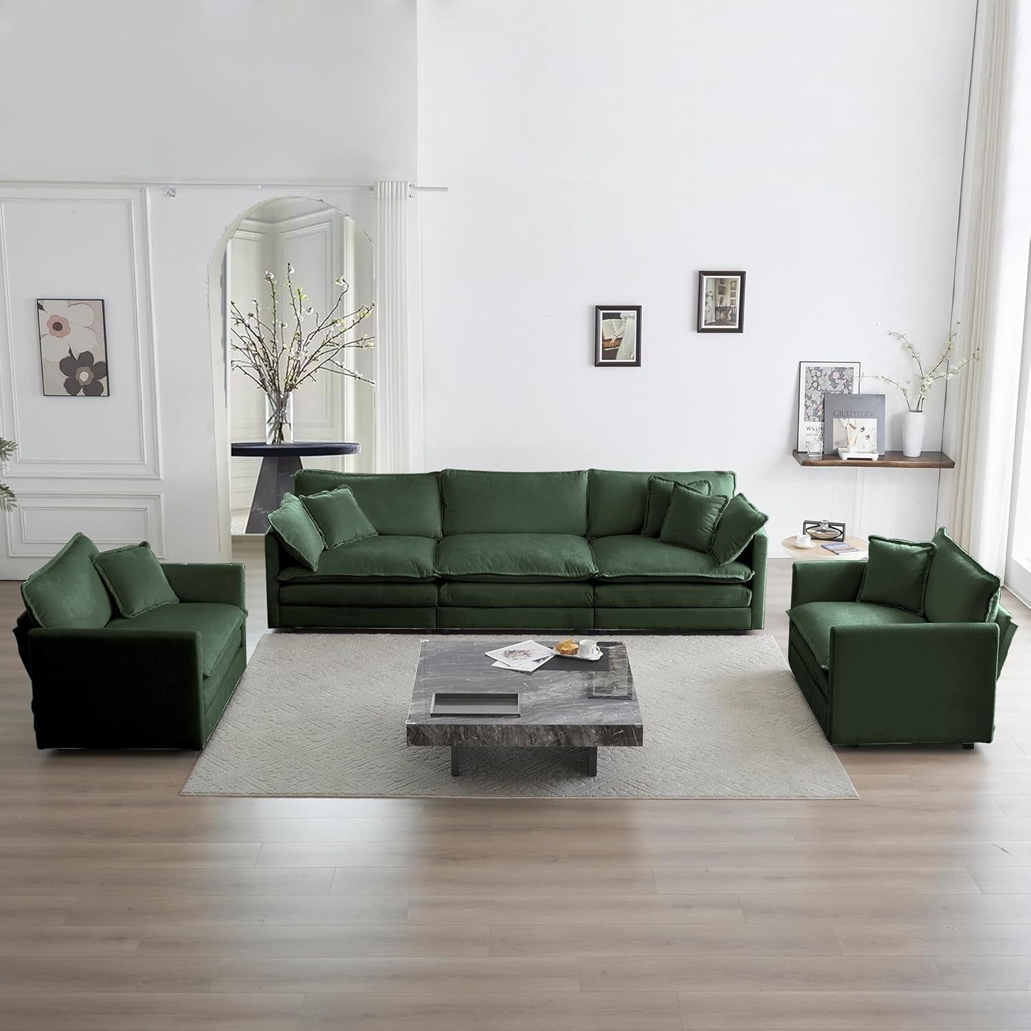 Luxury 3 Piece Sofa Set, 2 Pieces of Single Sofa and 1 Piece of 3 Seater Sofa, Modern Chenille Comfy Cloud Couches Set with 7 Pillows for Living Room Office, Evergreen