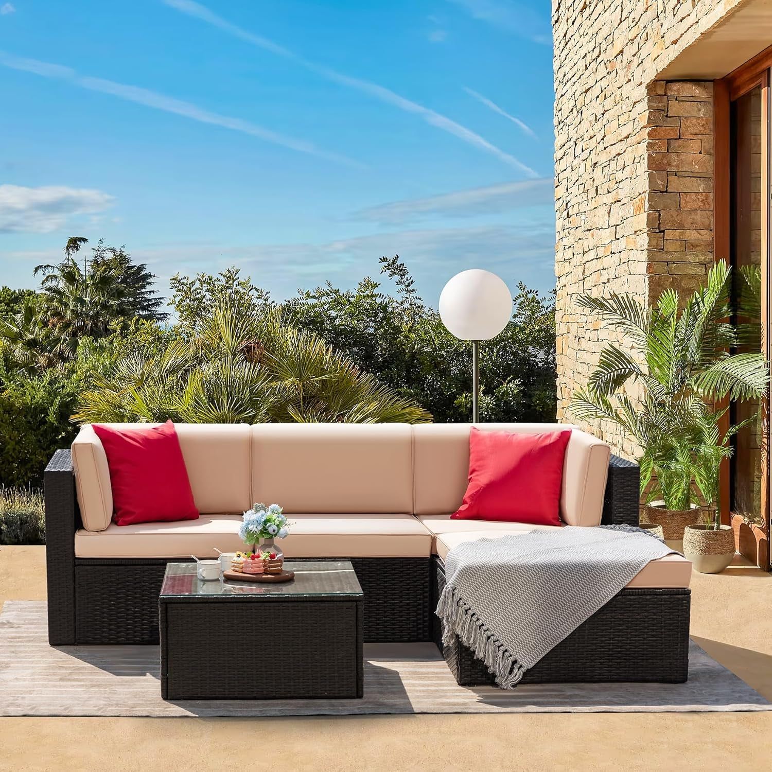 5 Piece Patio Conversation Set Wicker Rattan Furniture Outdoor Sofa with Cushions,Pillows &amp; Glass Table for Porch,Lawn and Yard, Light Beige