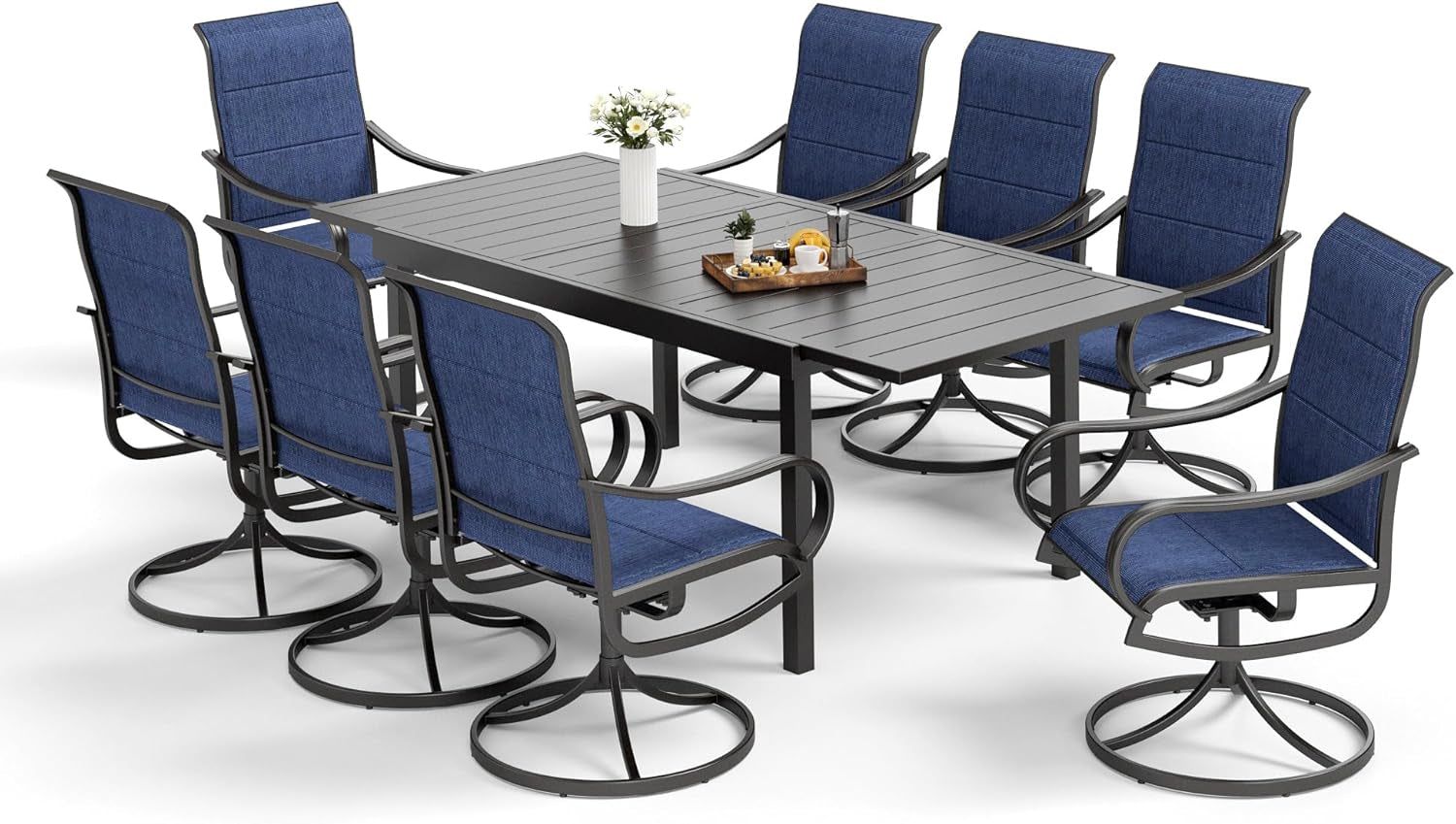 9-Piece Metal Outdoor Patio Dining Furniture Set with 6 Padded Sling Swivel Chairs and 1 Expandable Outdoor Dining Rectangle Table, Blue