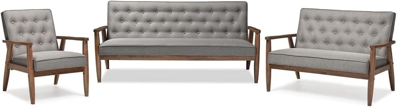 Grey Mid-Century Modern Fabric 3-Piece Sofa Set