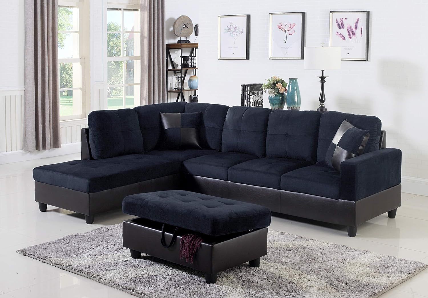 3-Piece Contemporary Sectional Sofa with Chaise and Storage Ottoman for Living Room Furniture | Faux Leather &amp; Microfiber Upholstery | Removable High Density Memory Foam Cushions (Blue,Left-Facing)