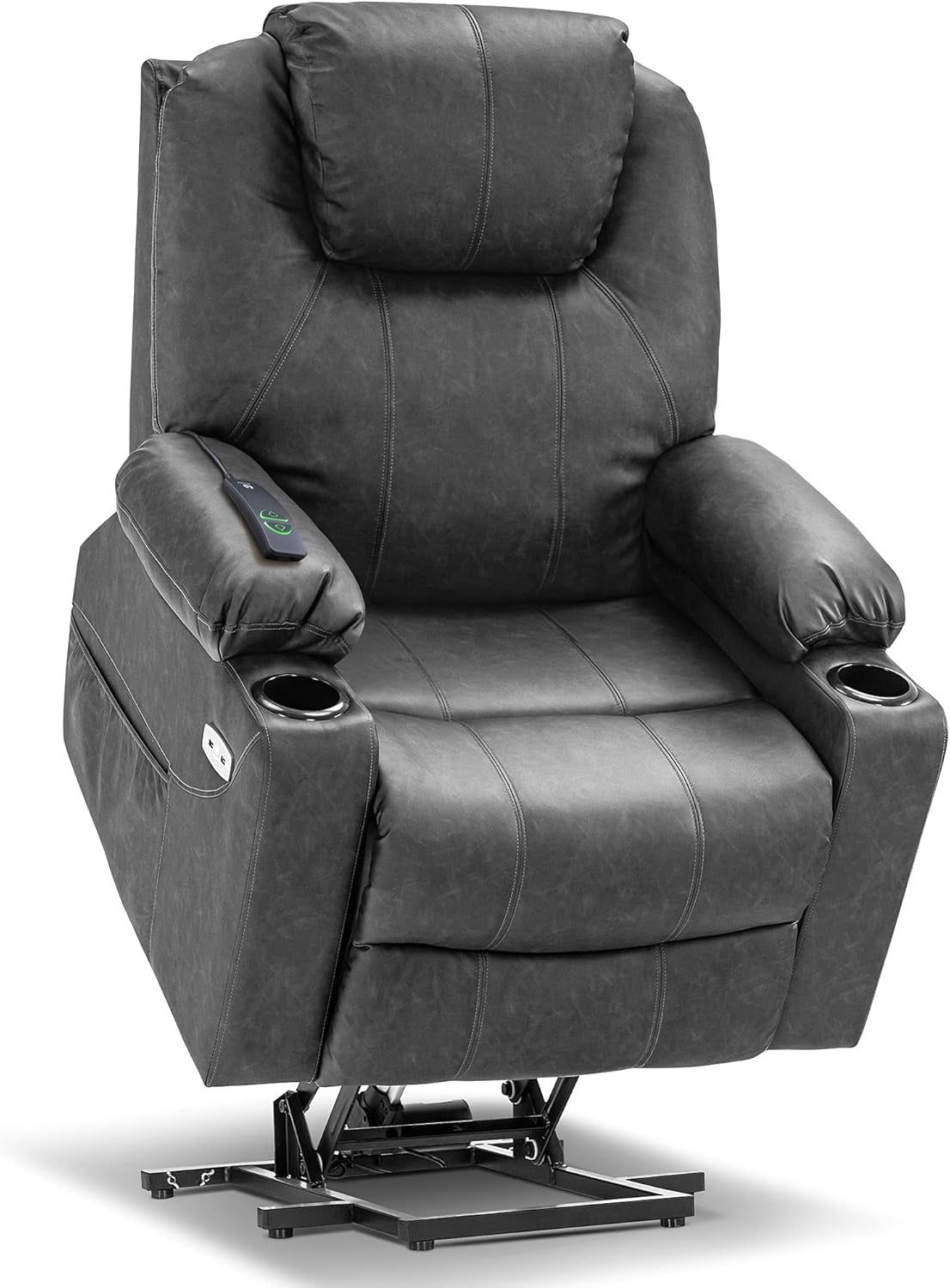 Electric Power Lift Recliner Chair Sofa with Massage and Heat for Elderly, 3 Positions, 2 Side Pockets, and Cup Holders, USB Ports, Faux Leather 7040 (Grey, Medium)