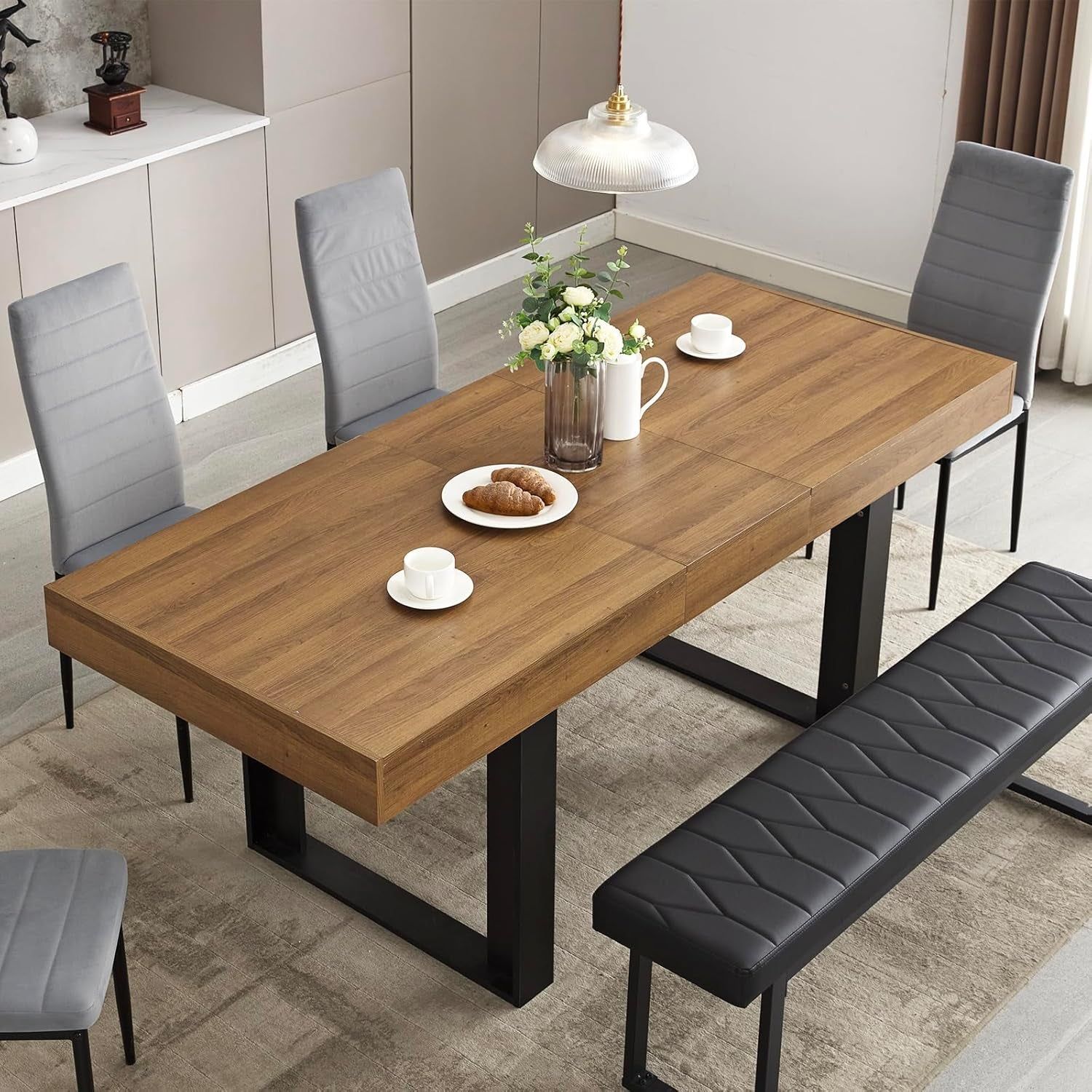 63”-79” Extendable Dining Room Table, Modern Farmhouse Wooden Kitchen Table, Long Expandable Dining Table for 6 8 10, Large Expanding Table Conference Table (Walnut Brown) (Walnut Brown)