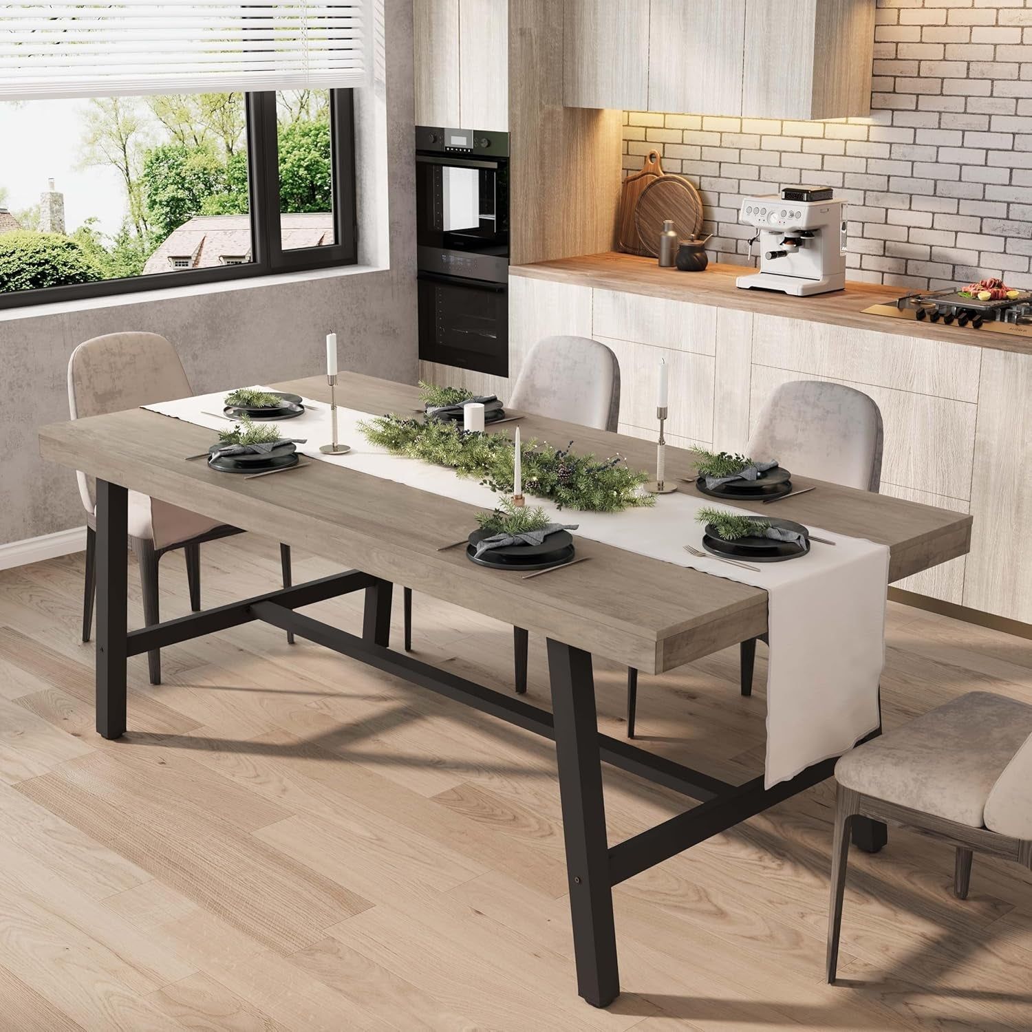 Industrial Dining Table for 6~8 People, 70.87&quot; Long Rectangle Dining Table, Wooden Kitchen Table with Sturdy Metal Frame, Dinner Table, Dining Room Table for Kitchen, Dining Room-Grey