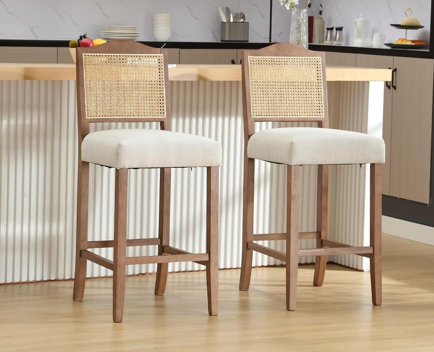 Counter Height Bar Stools Set of 2 Farmhouse Barstools with Rattan Back Linen Upholstered Bar Chairs Mid Century Wood Breakfast Bar Stool Chairs for Kitchen Island, 30 Inch Beige