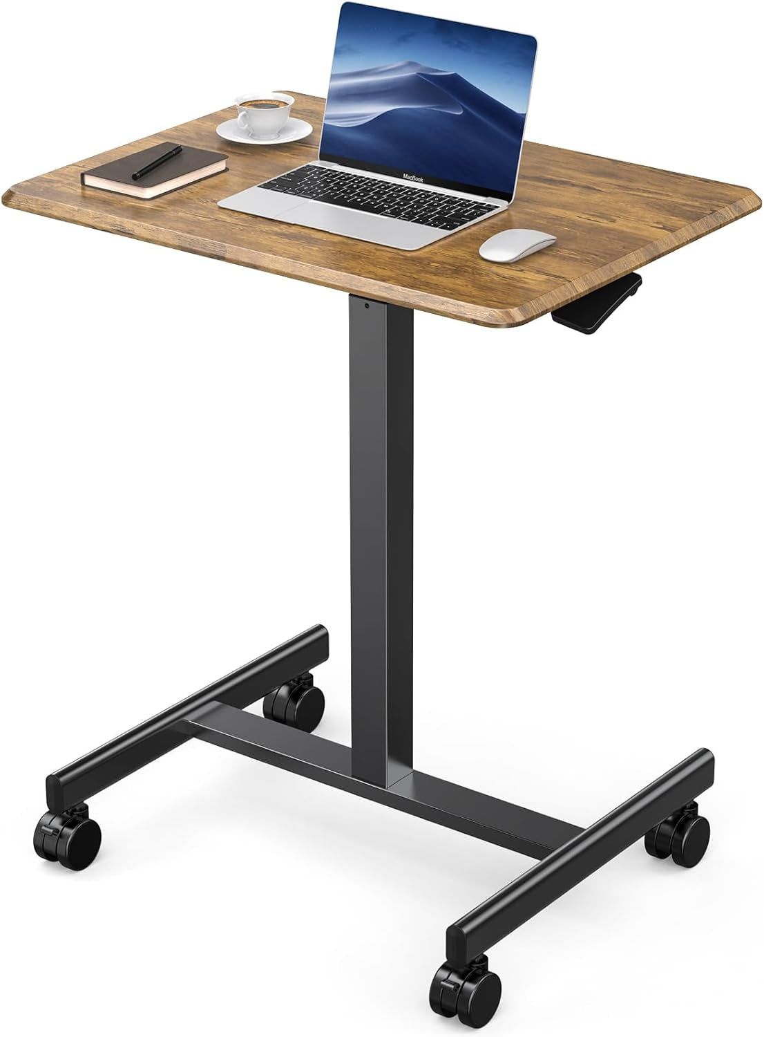 Small Standing Desk Mobile Portable Rolling Laptop Desk on Wheels, Adjustable Height Table for Home Office, 19 Inch, Brown