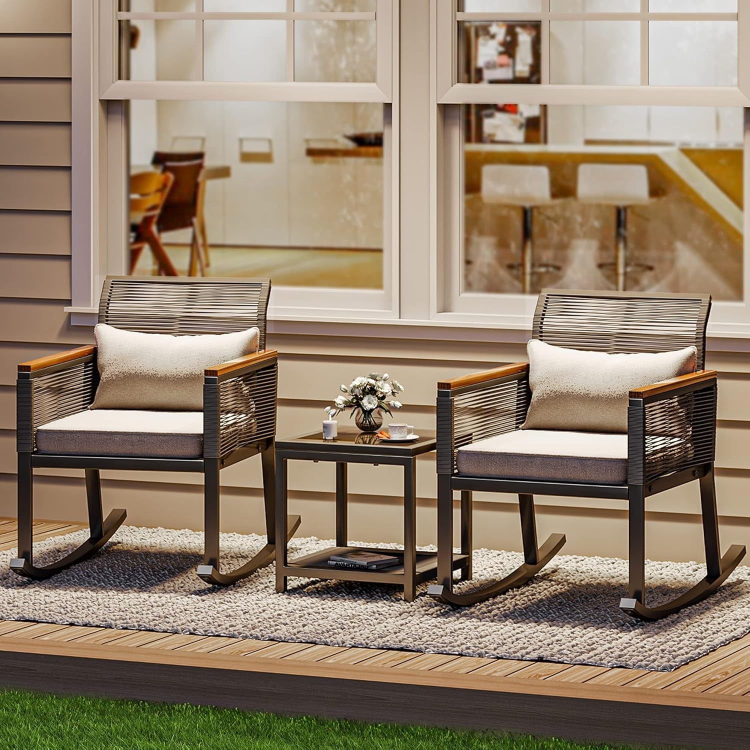 Outdoor Wicker Rocker Bistro Set with Wood Arms