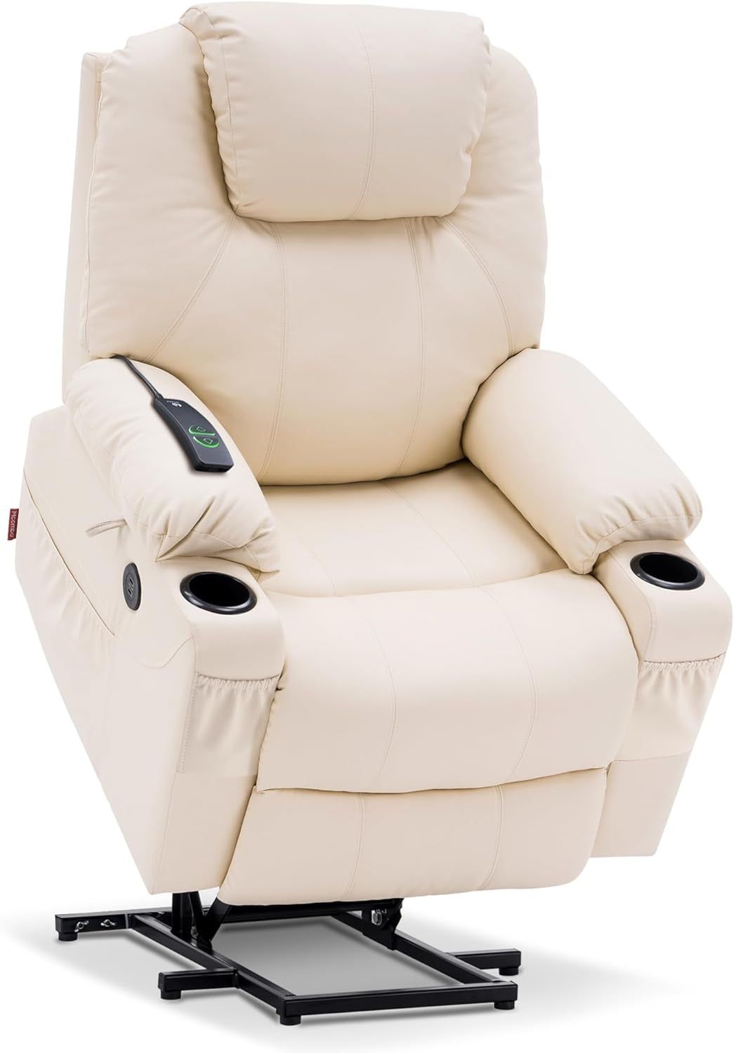 Electric Power Lift Recliner Chair Sofa with Massage and Heat for Elderly, 3 Positions, 2 Side Pockets, and Cup Holders, USB Ports, Faux Leather 7040 (Cream White, Medium)