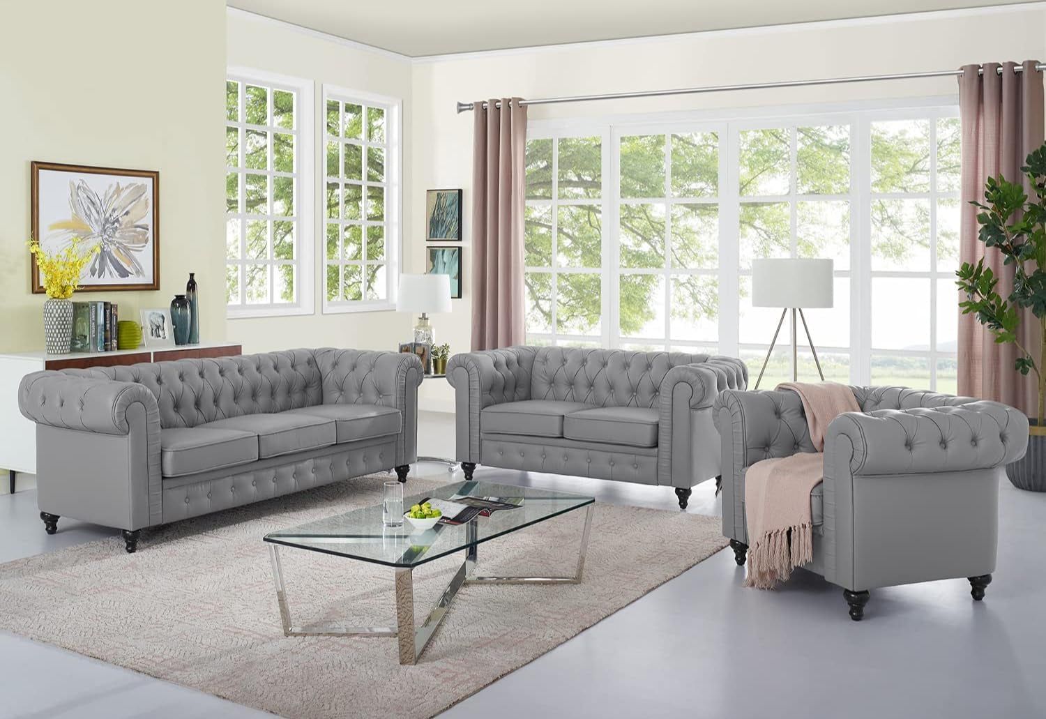 Emery Chesterfield 3 Piece Living Room Sectional Sofa Set with Rolled Arms, Tufted Cushion Sofas for Living Room Set Includes Sofa, Loveseat Couch, Accent Arm Chair / Easy Tool-Free Assembly – Gray