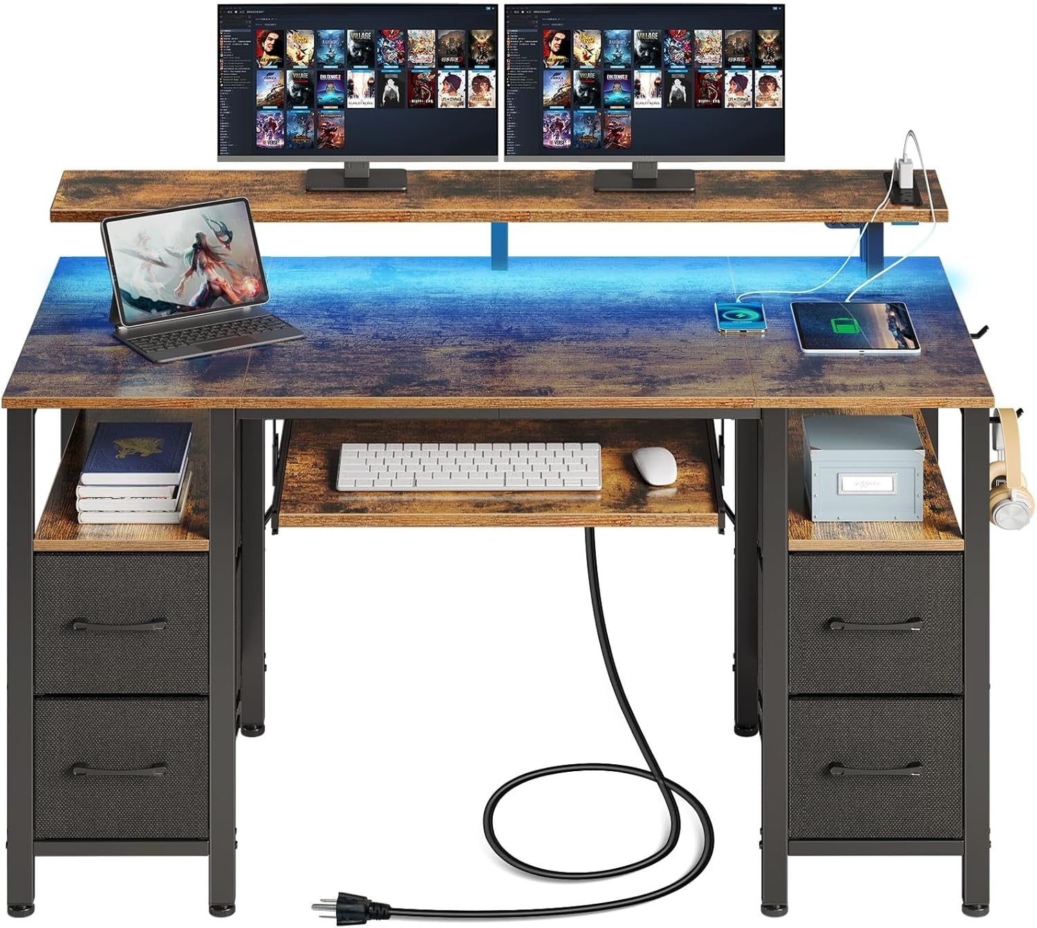 Computer Desk 47.2&quot; with LED Lights &amp; Power Outlets, Home Office Desk with 4 Drawers, Writing Desk with Keyboard Tray, Study Desk with Monitor Stand, Work Desk for Home Office, Rustic Brown