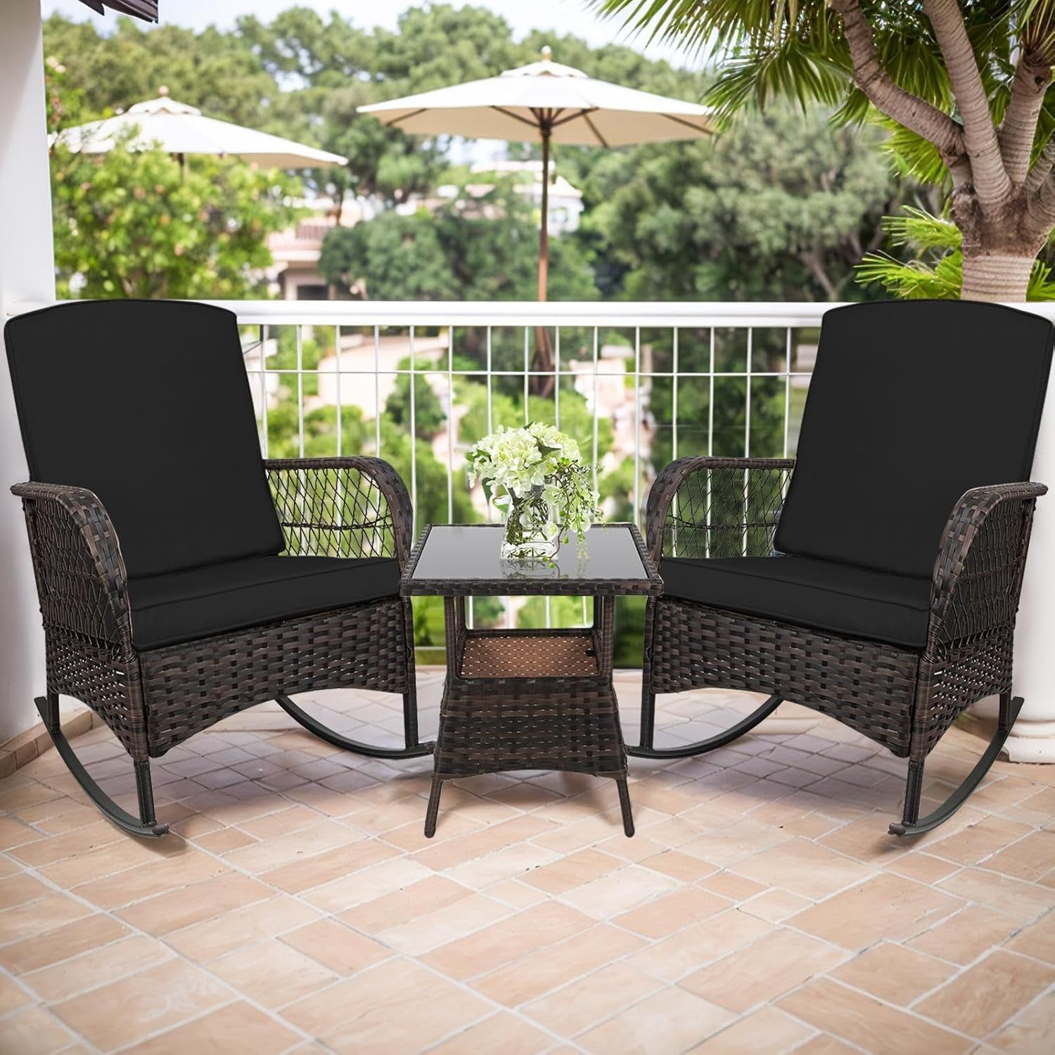 3 Pcs Rocking Bistro Set Conversation Chairs PE Wicker Outdoor Rocking Chairs(Rocking Set,Black)
