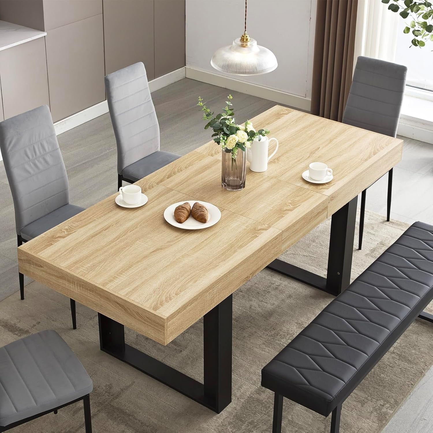 63”-79” Extendable Dining Room Table, Modern Farmhouse Wooden Kitchen Table, Long Expandable Dining Table for 6 8 10, Large Expanding Table Conference Table (Rustic Oak)