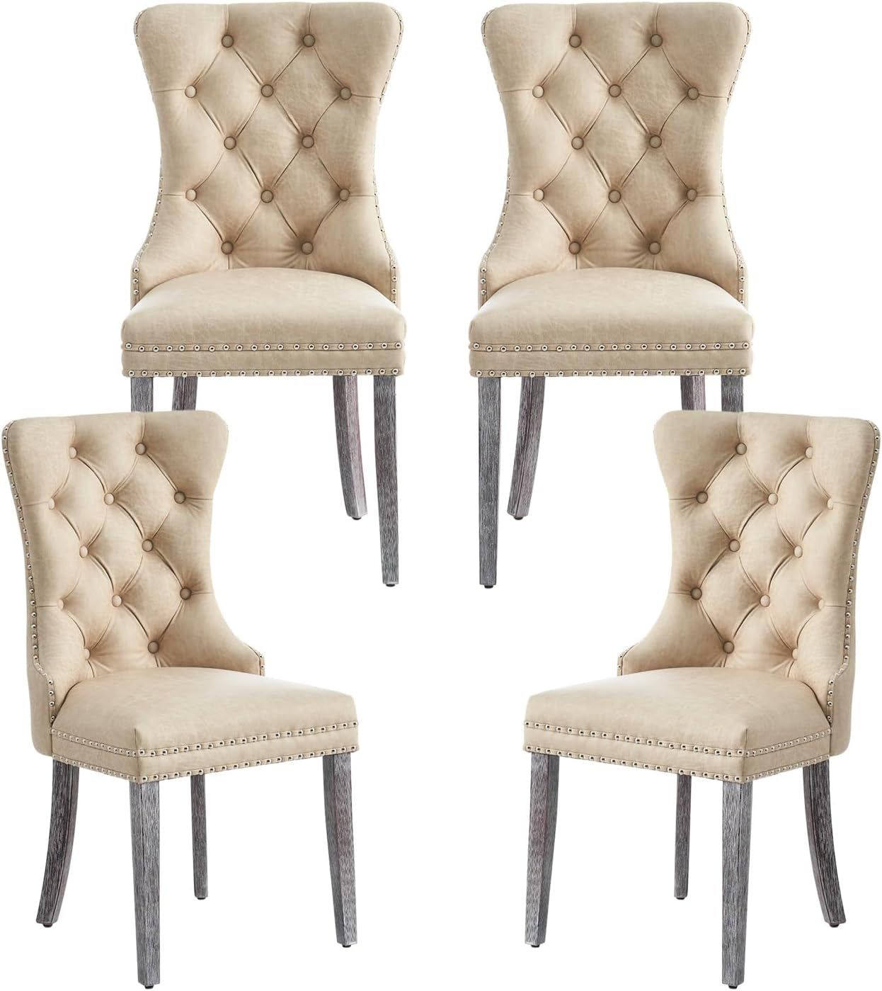 Leather Dining Chairs Set of 4, Upholstered Dining Chair with Nailhead Trim and Solid Wood Legs, Luxury Wingback Dining Side Chair for Living Room, Bedroom, Kitchen (Beige)