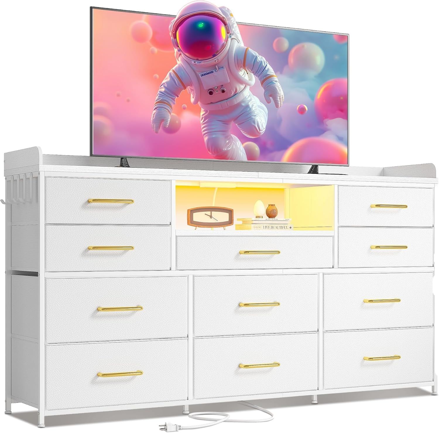 Dresser for Bedroom with 11 Drawers for 60&quot; TV Stand for Bedroom with LED Lights &amp; Charging Station Long Dresser with Shelves &amp; 4 Hooks Sturdy Metal Frame &amp; Fabric Drawers (White)